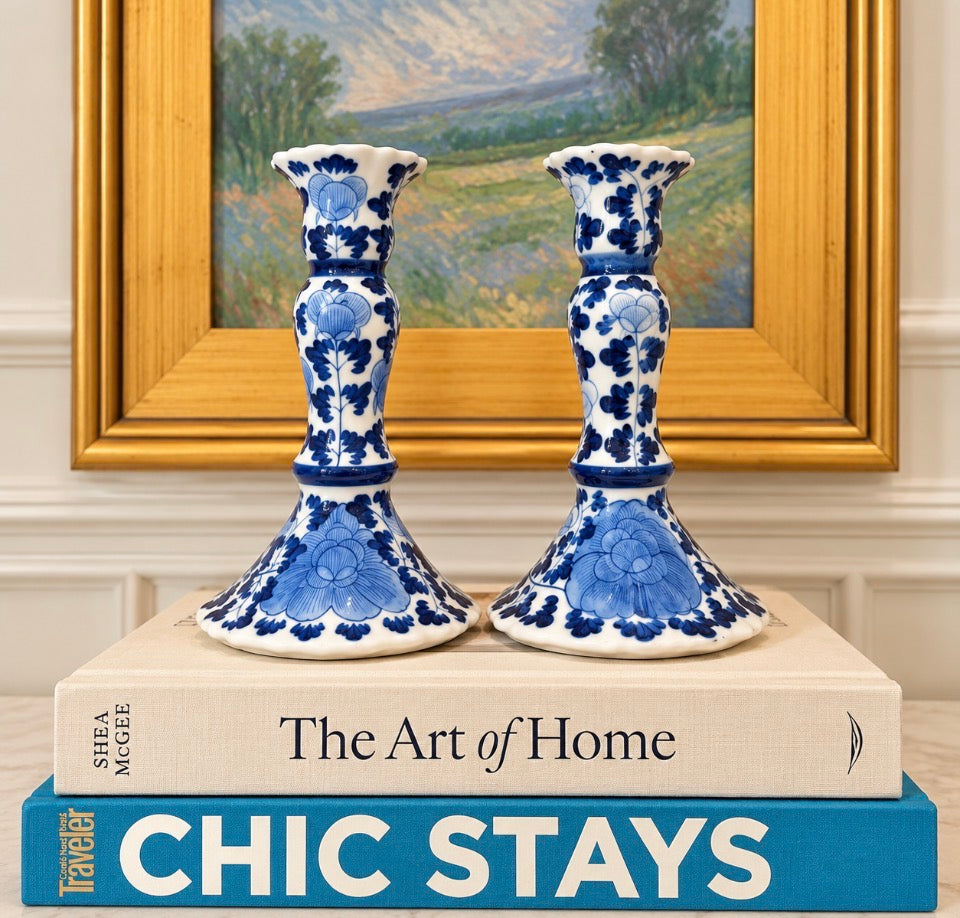 Pair of Blue and White 6” Candlesticks