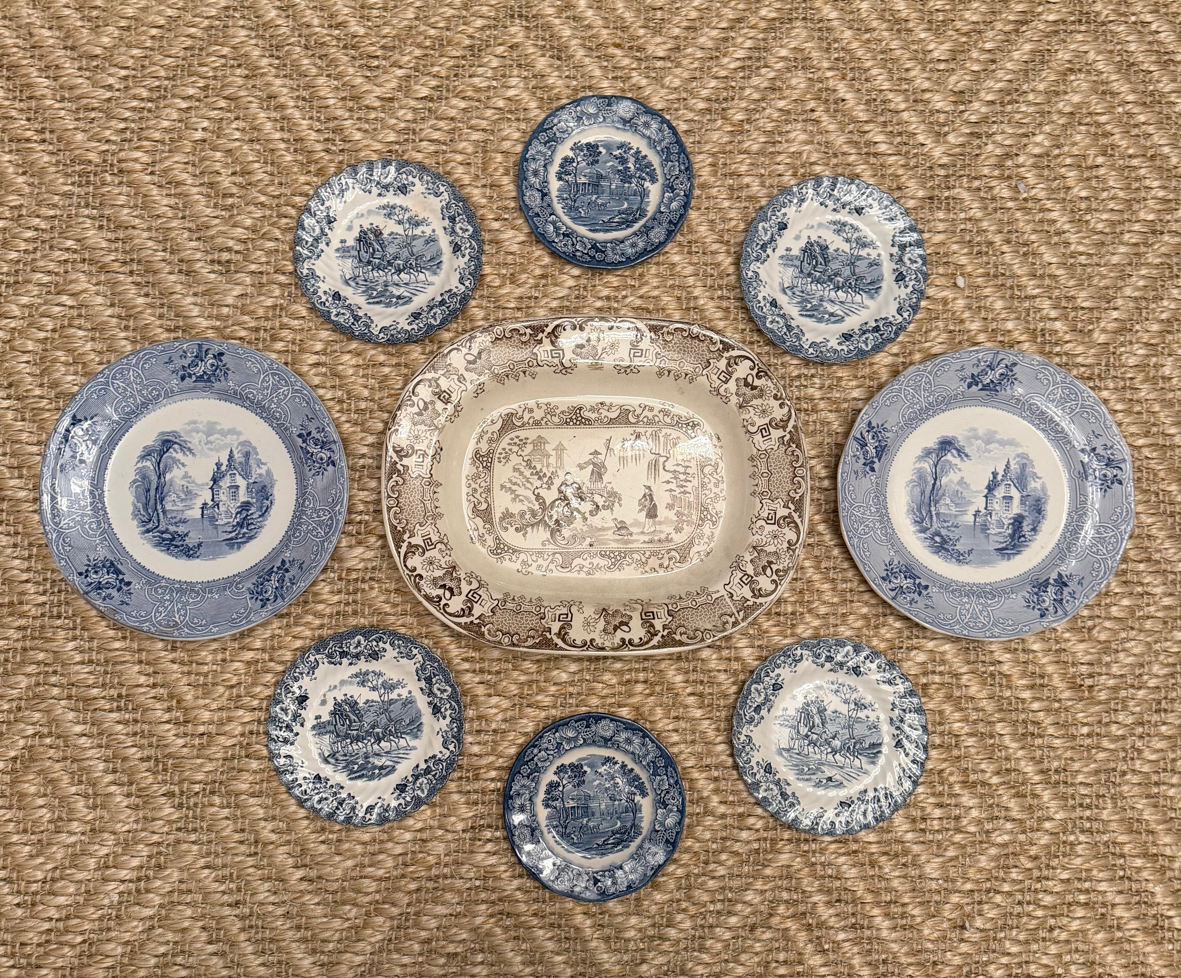 Vintage Blue & Brown Transferware Plate Wall Collection