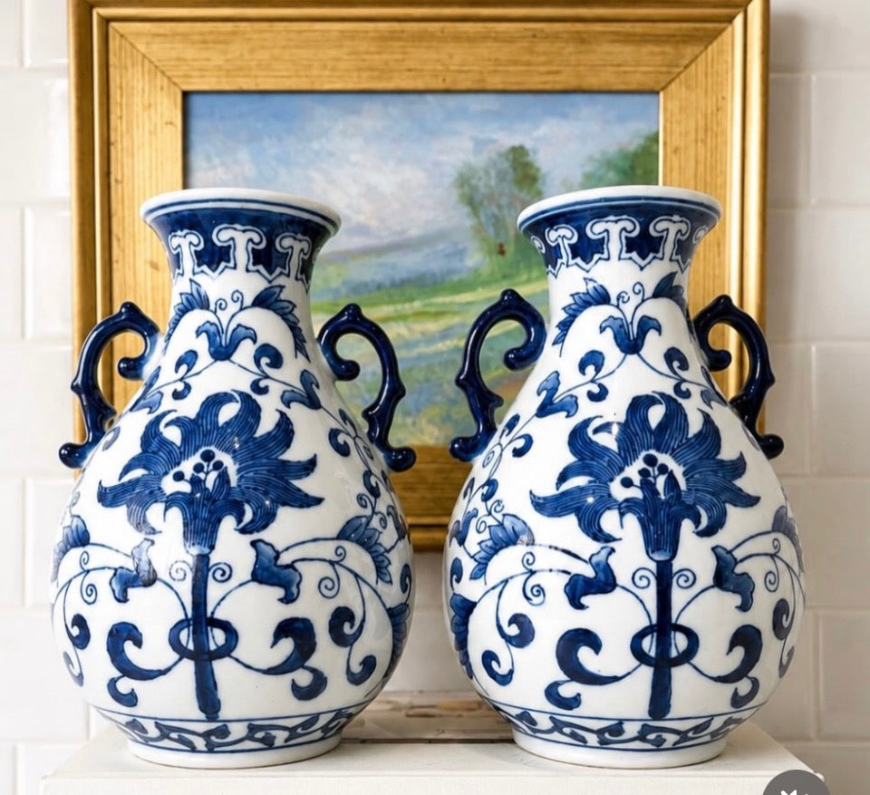 Pair of Blue and White Vases 9½” tall