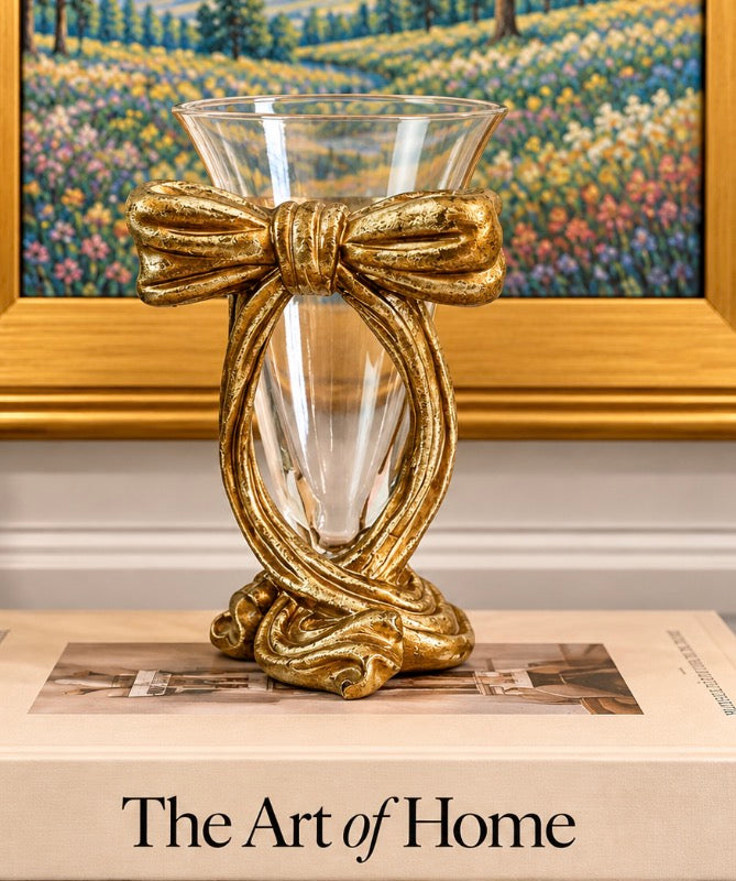 Vintage Gold Gilded Bow Vase with Glass Insert