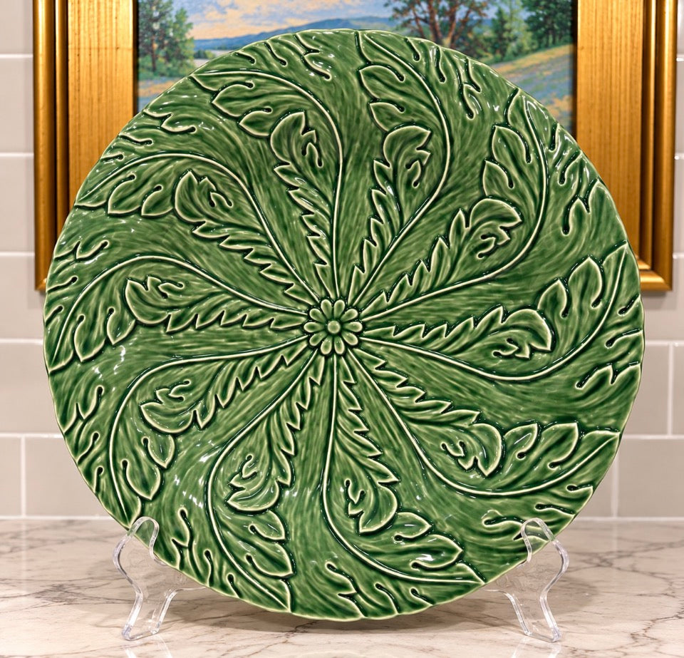 Vintage Bordallo Pinheiro Green Majolica Plate | 13”
