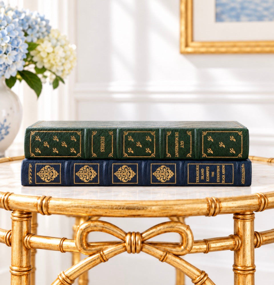 Vintage Leather-Bound Book Stack — Set of Two
