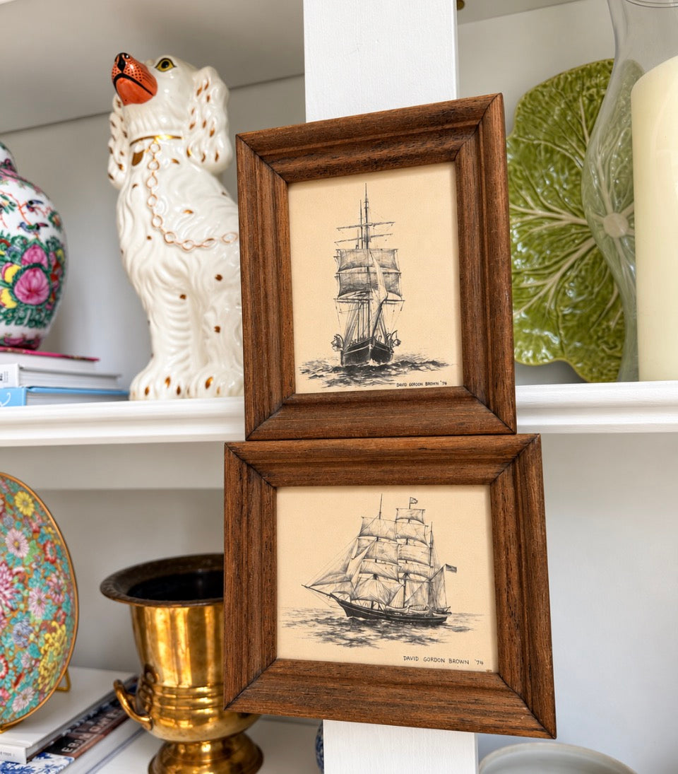 Vintage Framed Sailing Ship Prints — Pair
