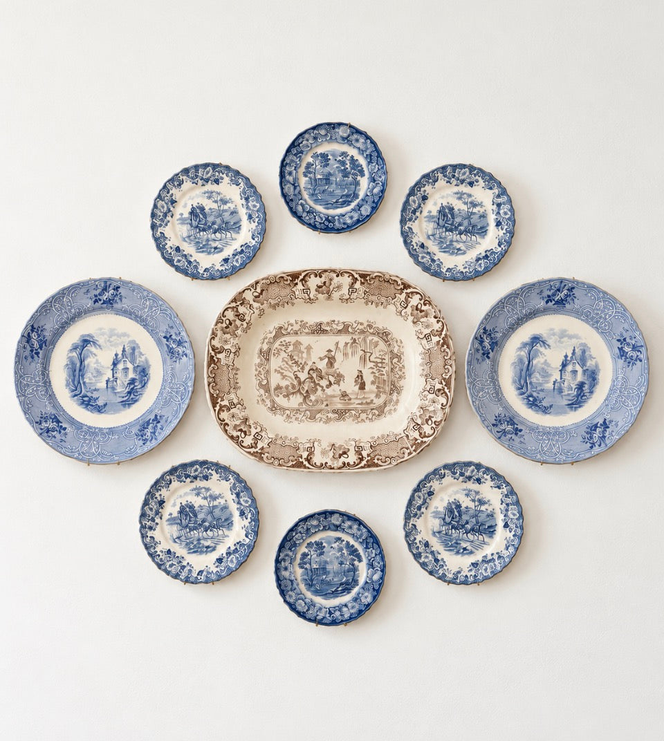 Vintage Blue & Brown Transferware Plate Wall Collection