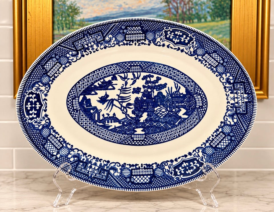 Unmarked Blue Willow Oval Platter | 12” × 9”